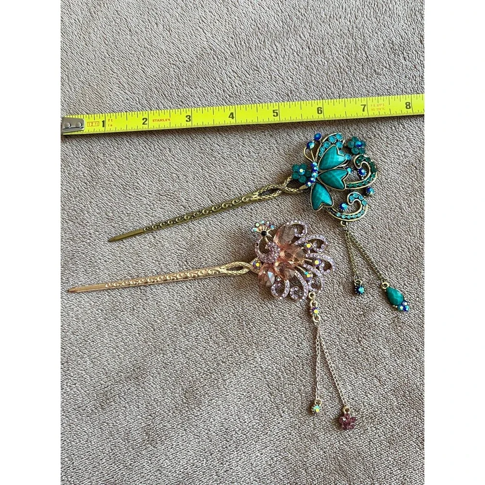 Decorative Hair Stick Pair Rhinestone Butterfly Floral Dangle Hair Pins Vintage